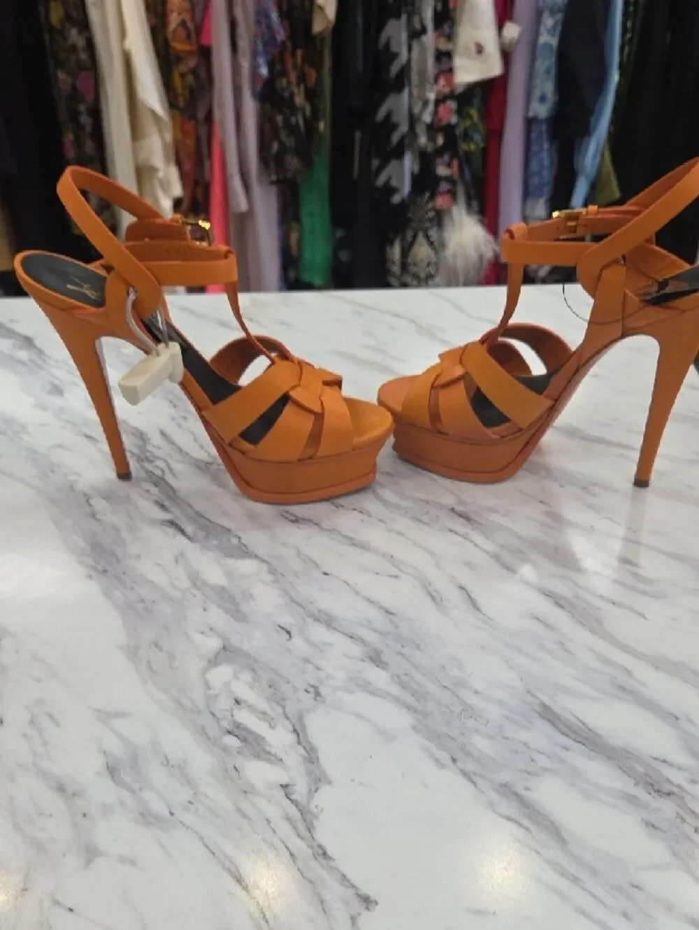 Yves Saint Laurent Orange Platform T-Strap Stiletto Sandals